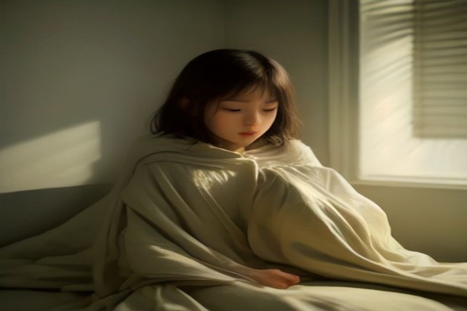 A person resting in child's pose on a mat in a dim, quiet room with soft window light