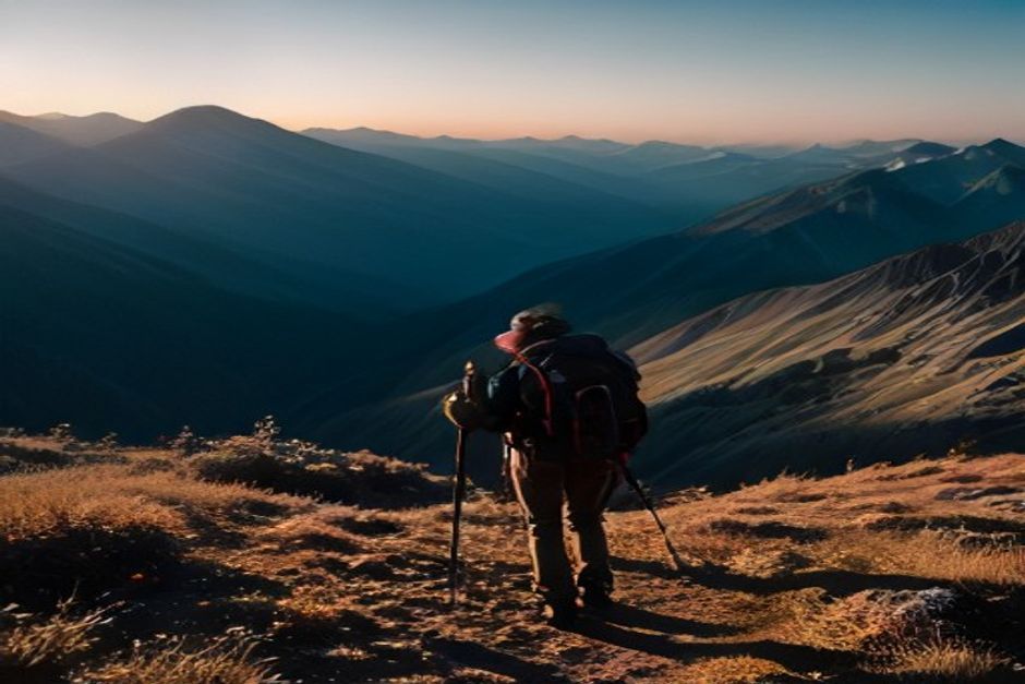 A person stretching in a low lunge beside a backpack and trekking poles on a mountain trail at golden hour