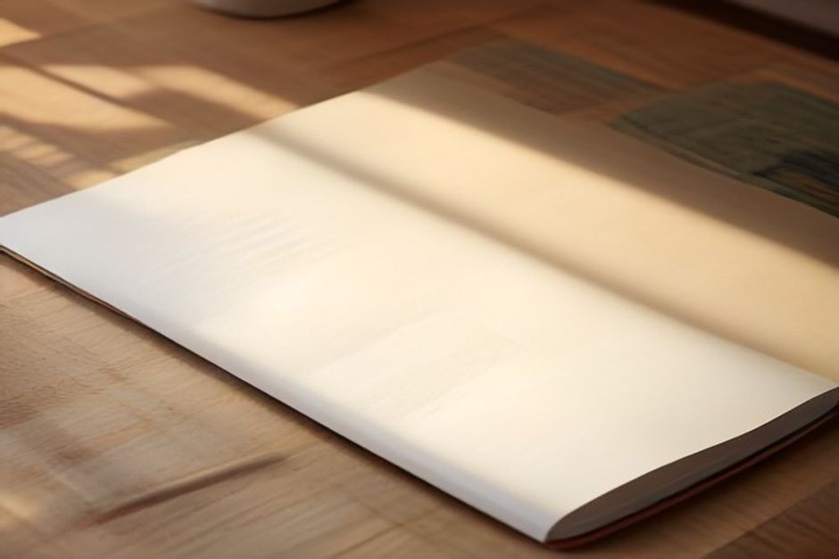 Open notebook and pen resting beside a rolled yoga mat in warm morning light