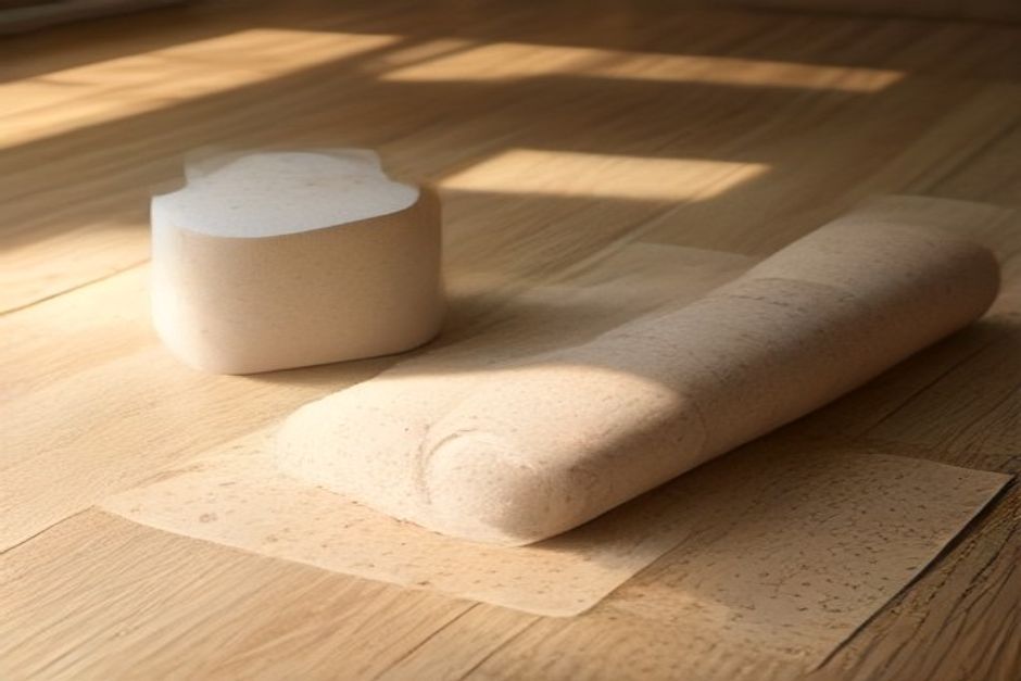 A single rolled yoga mat and two cork blocks on a wooden floor in a sparse sunlit room, minimalist composition