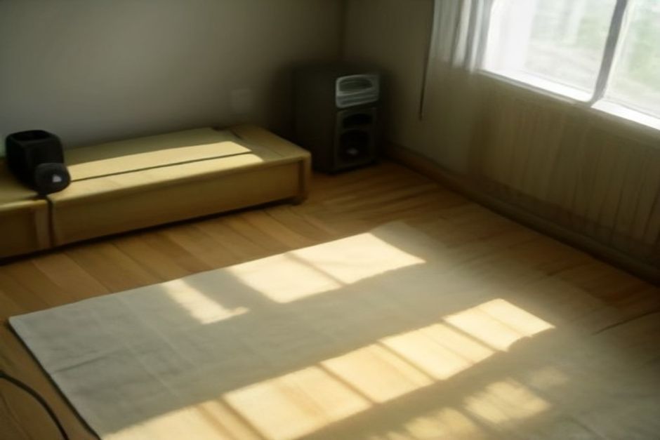 A yoga mat in a quiet living room with a small speaker on a wooden shelf, morning light, headphones resting on a folded blanket