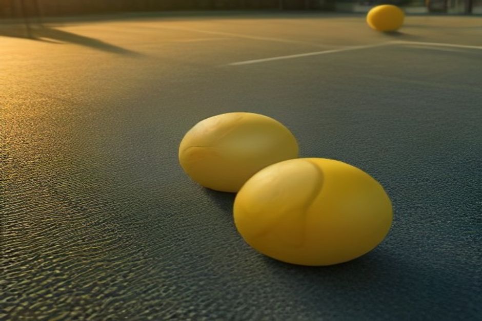 A pickleball paddle and ball resting against a rolled yoga mat on an outdoor court, late afternoon light