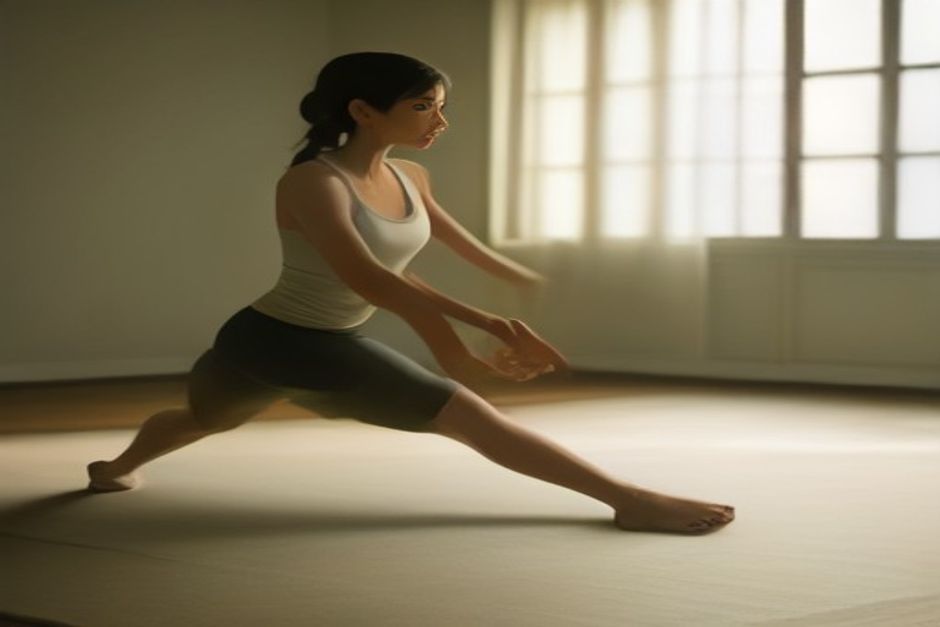 A runner's legs in a low lunge stretch on a yoga mat beside running shoes, warm natural light