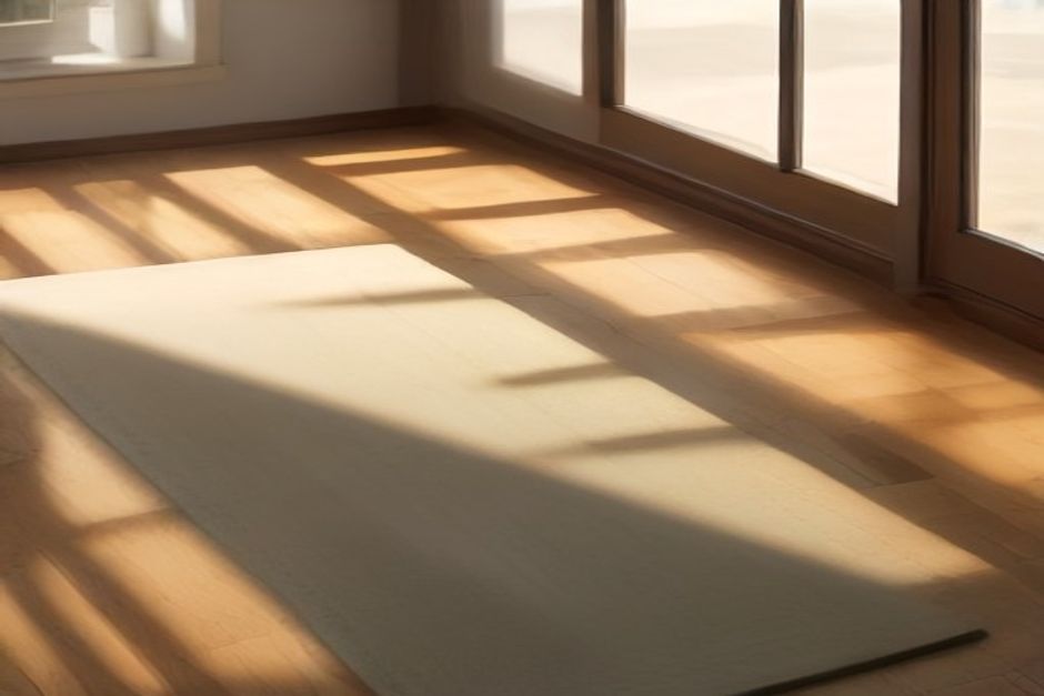 Running shoes beside a rolled yoga mat on a wooden floor near a window, morning light