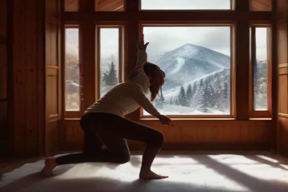 A person stretching in a low lunge in a wooden mountain cabin with snow visible through the window