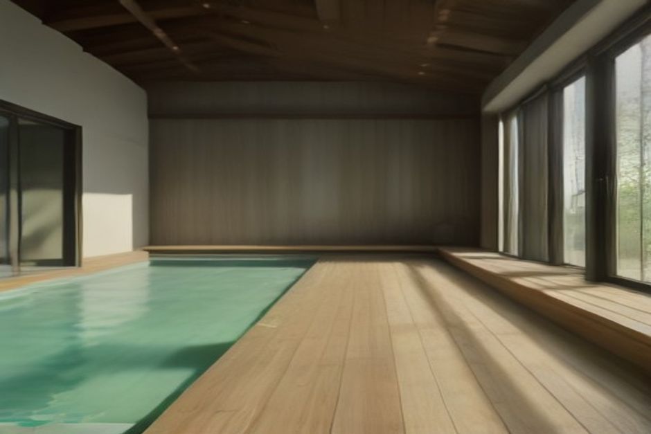 Calm indoor pool edge with a rolled yoga mat on a wooden bench, soft natural light