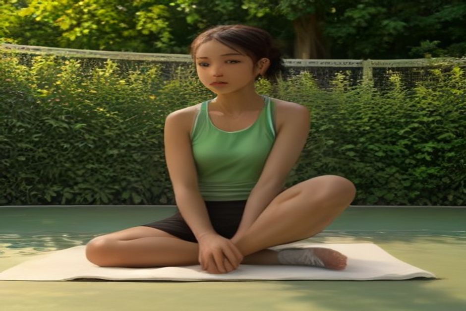 Tennis player seated on a mat courtside doing a gentle shoulder stretch with a racket leaning nearby