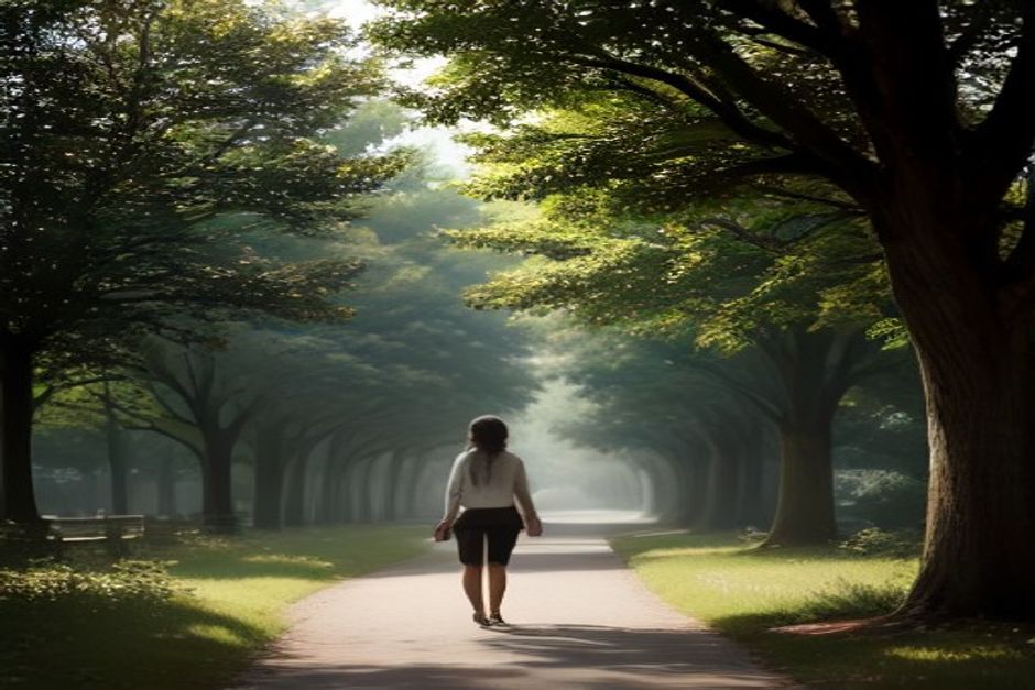 A person walking a quiet tree-lined path in soft morning light, wearing simple comfortable clothes, earth tones