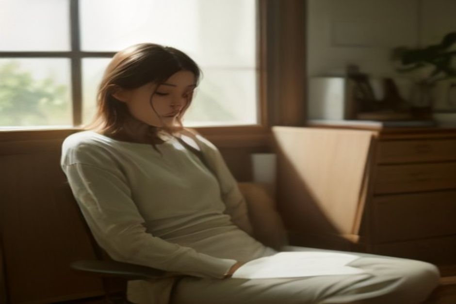 A person doing a gentle seated stretch at a wooden desk beside a laptop, warm natural window light