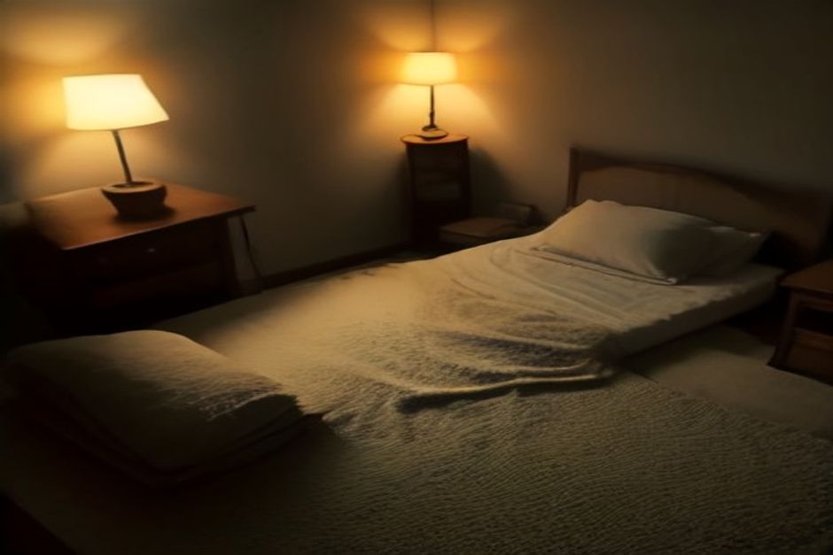 A dim bedroom with a yoga mat beside the bed and warm lamplight in the evening