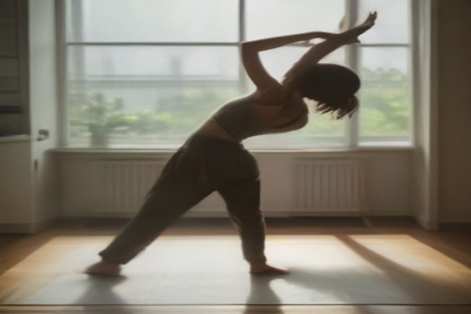 Person stretching on a yoga mat in a quiet kitchen at dawn, soft light through the window