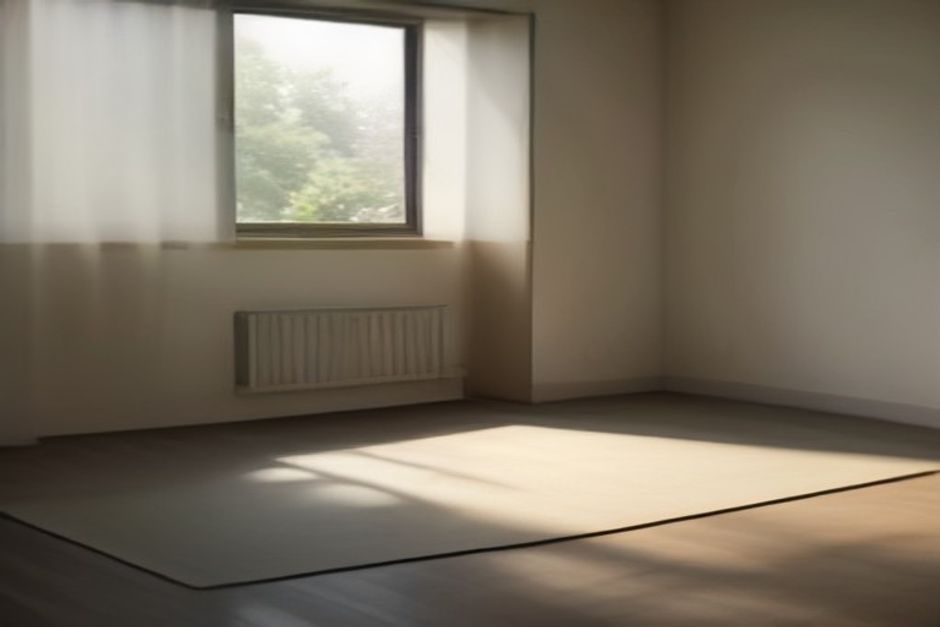 An unrolled yoga mat in a quiet, empty room with soft morning light through a window