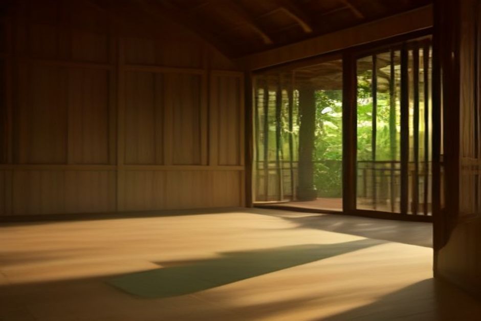 Yoga mats laid out in a bright open-air shala with wooden floors and morning light
