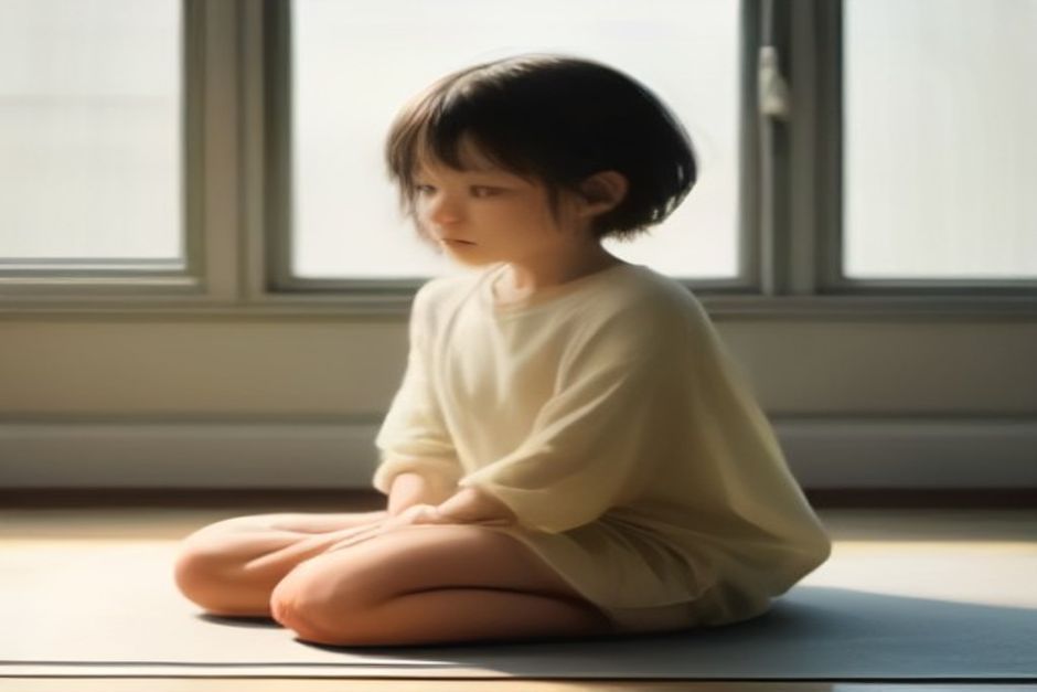 A person in child's pose on a mat with a folded blanket under the knees, soft window light