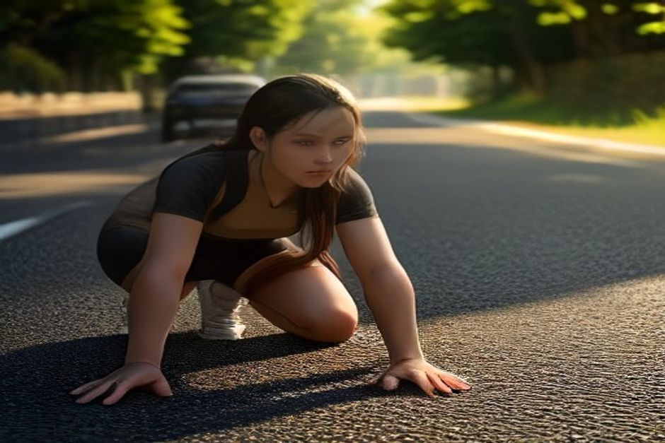 Cyclist stretching in a low lunge beside a road bike in warm evening light