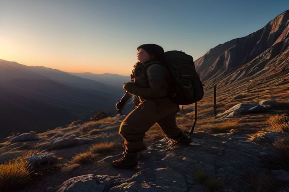 Person stretching in a low lunge on a rocky mountain trail at golden hour, backpack beside them, earthy tones