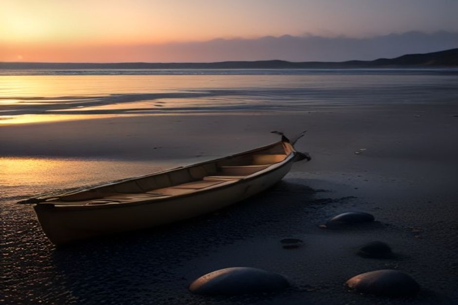A kayaker stretching on a pebble shore beside a beached sea kayak at golden hour, calm water, soft natural light