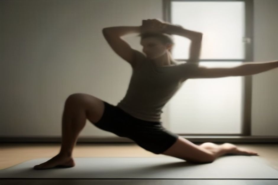 A man in a plain t-shirt holding a low lunge on a dark yoga mat in a simple studio, soft window light, earth tones