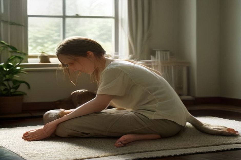 A parent doing a gentle seated stretch on a living room rug beside a sleeping baby in soft morning window light