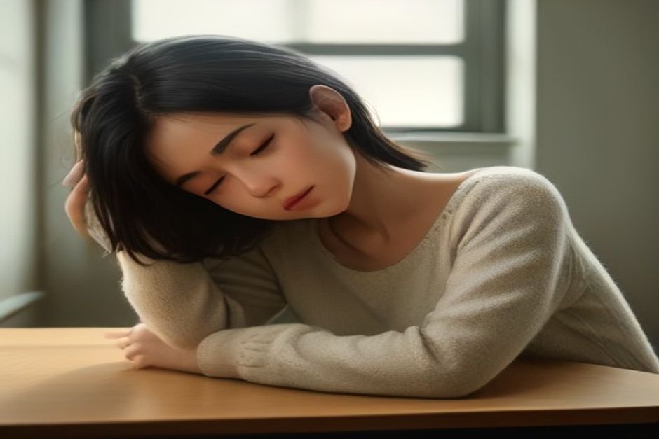 A person at a wooden desk gently stretching their neck with eyes closed, soft daylight from a window