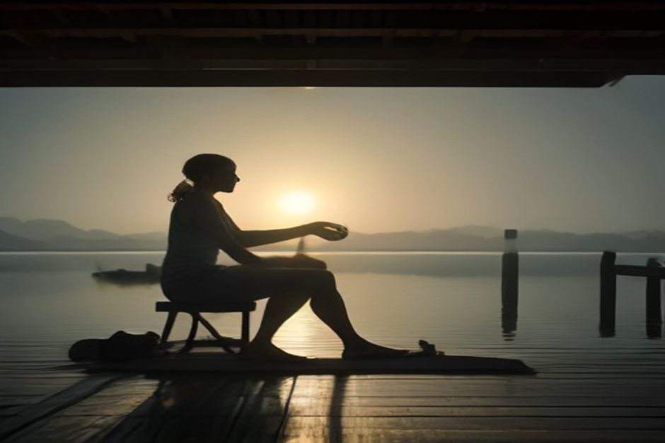 A rower stretching in a seated twist on a dock beside a rowing shell at dawn, calm water behind