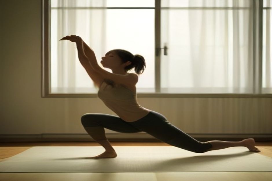 A runner stretching in a low lunge on a mat beside running shoes, soft evening light through a window