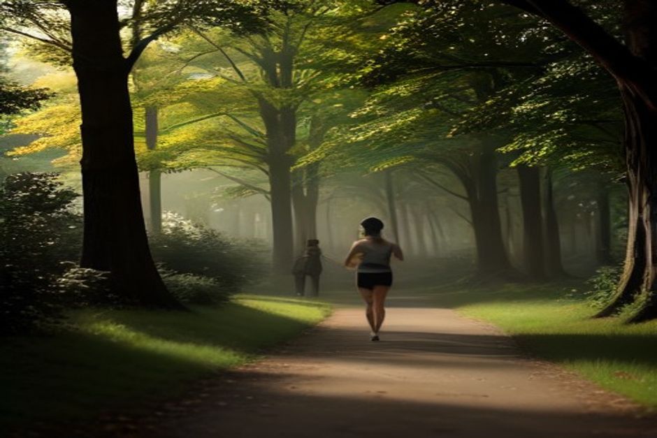 A runner in a low lunge stretch on a quiet park path in soft morning light