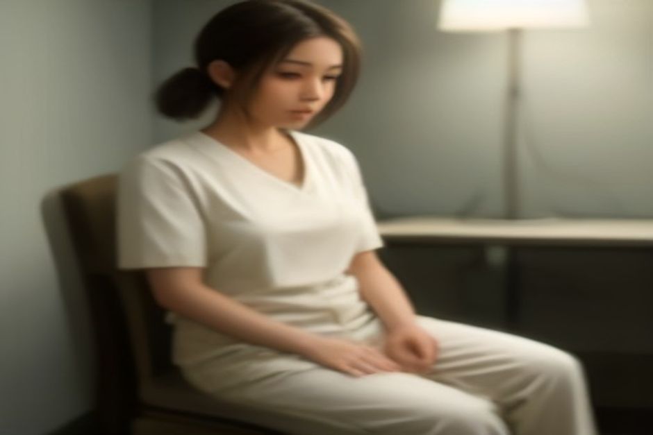 A nurse in scrubs doing a gentle seated stretch on a break-room chair under soft fluorescent evening light