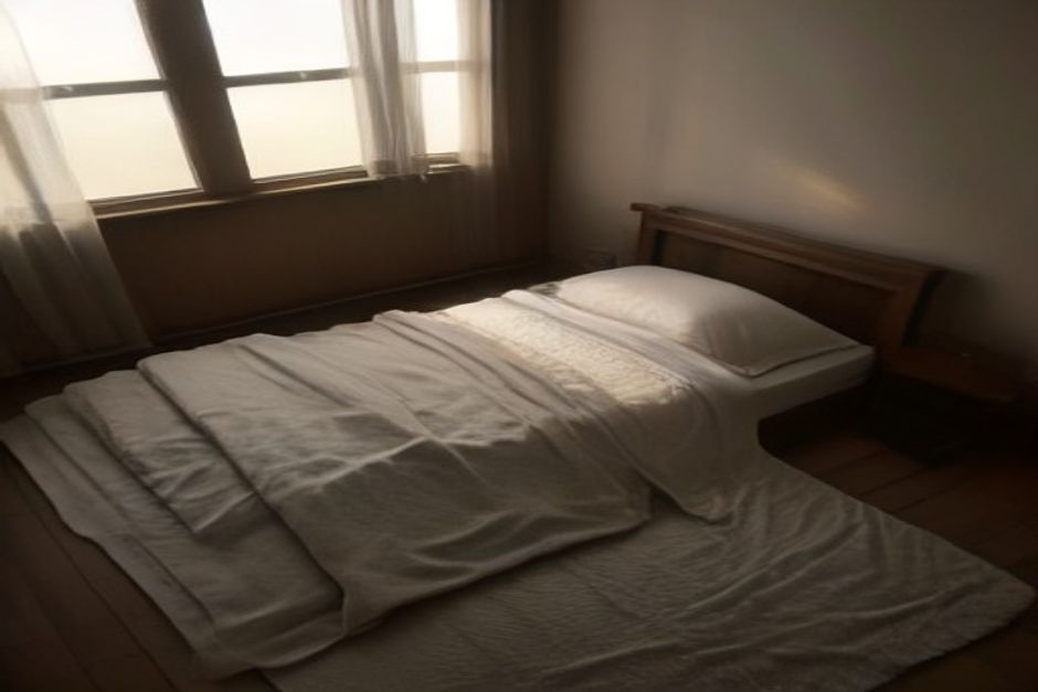 A dim bedroom with a yoga mat, bolster and folded blanket in warm low evening light