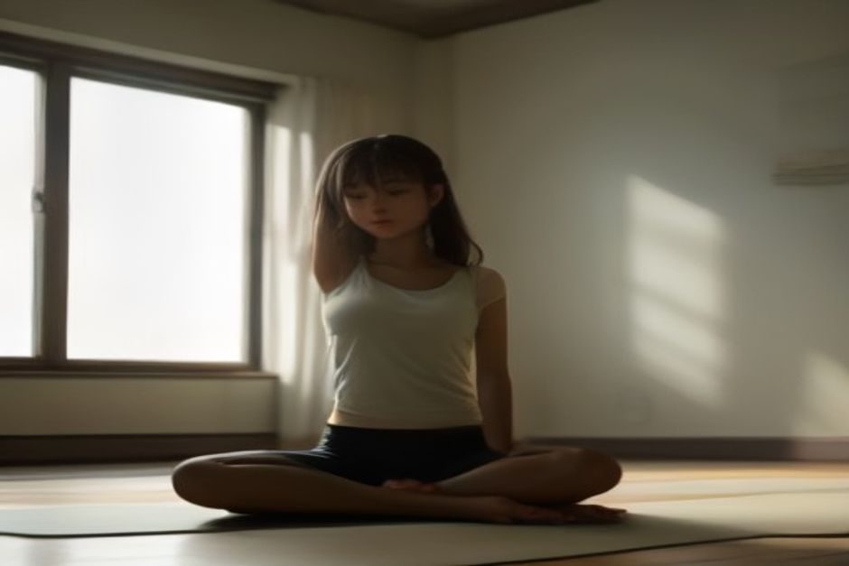 Teenager in casual clothes holding a simple seated stretch on a mat in a bright bedroom