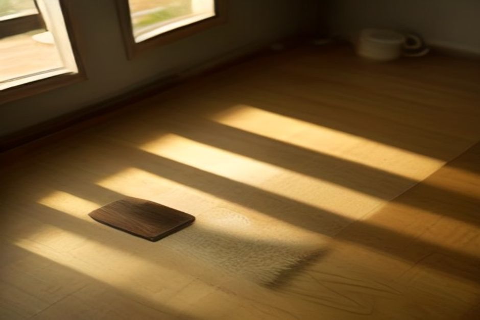 A yoga mat unrolled beside a morning coffee cup on a wooden floor, warm low sunlight across the room
