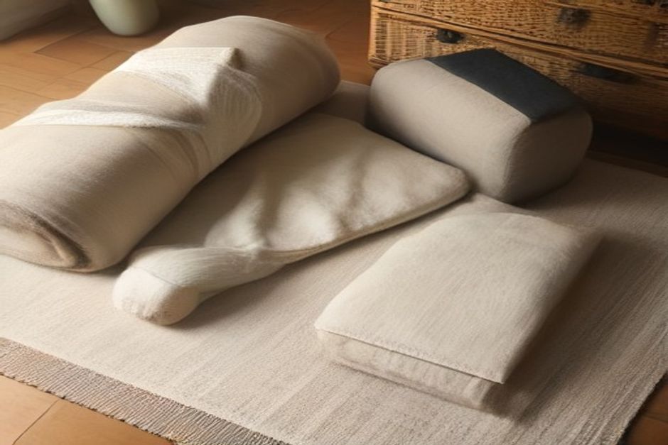 Yoga props arranged on a mat — a block, strap, and folded blanket — in soft natural light