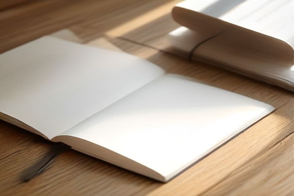An open paper notebook and pen resting beside a rolled yoga mat in warm morning light on a wooden floor