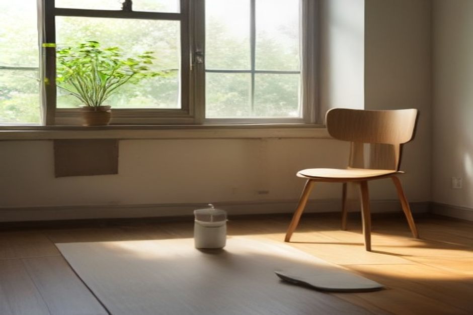 A plain yoga mat unrolled on a wooden floor next to a simple chair and a cup of tea, natural window light