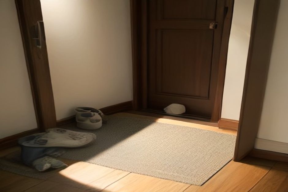 A folded yoga mat leaning by a front door next to everyday shoes and keys, warm morning light