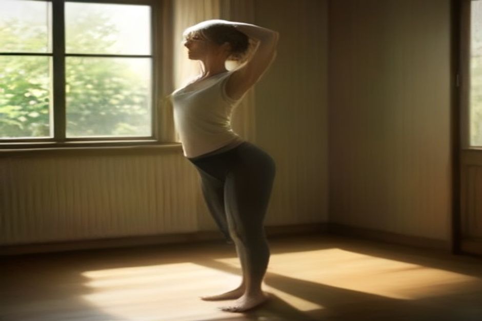 A woman in her sixties practicing a gentle standing yoga pose at home in warm natural light