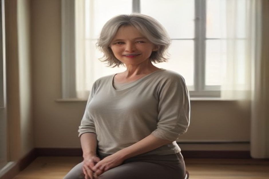 Smiling older woman in comfortable clothes holding a gentle standing pose with a chair for support, bright room