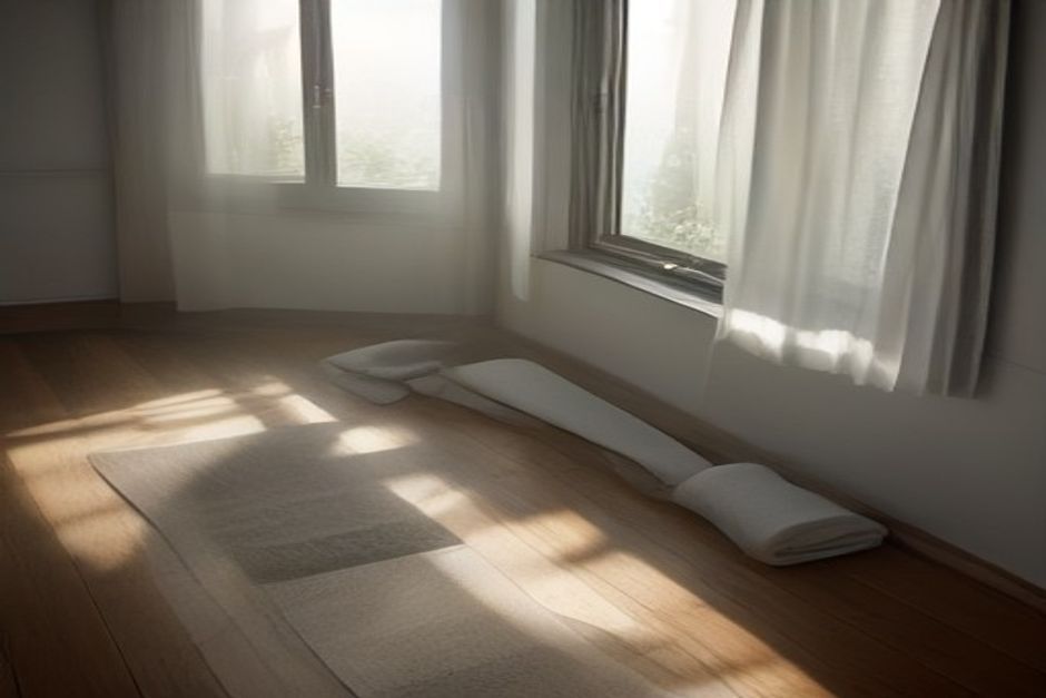 A yoga mat on a wooden floor beside a window with flat grey daylight, a folded blanket resting at one end
