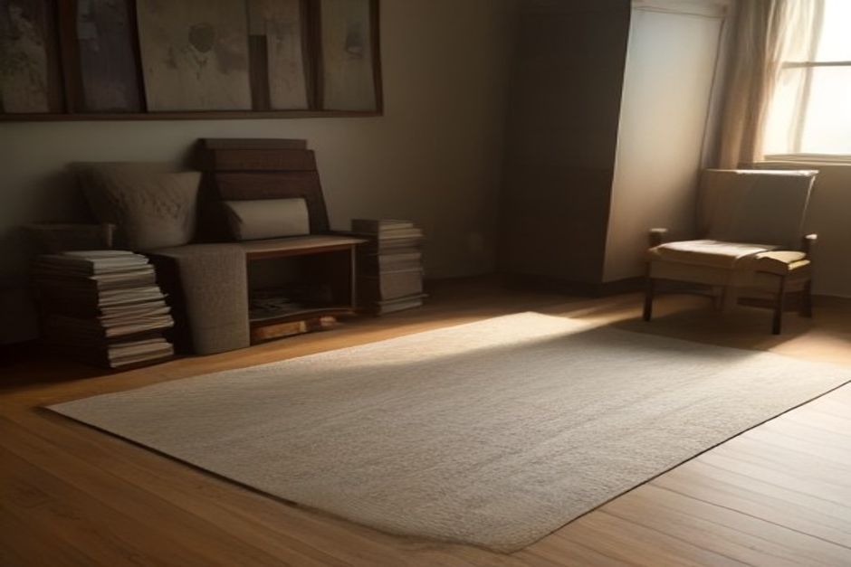 Yoga mat on a living room floor beside a stack of hardcover books, a belt, and folded blankets used as props