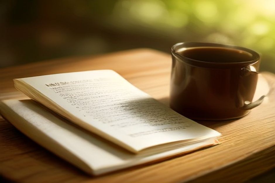 An open worn book on a wooden table next to a cup of tea, warm afternoon light, shallow depth of field