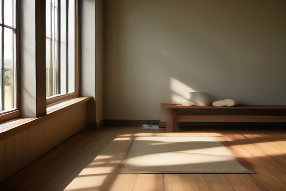 A rolled-up yoga mat leaning against a wall beside a sunny window, with a cup of tea and an open book nearby