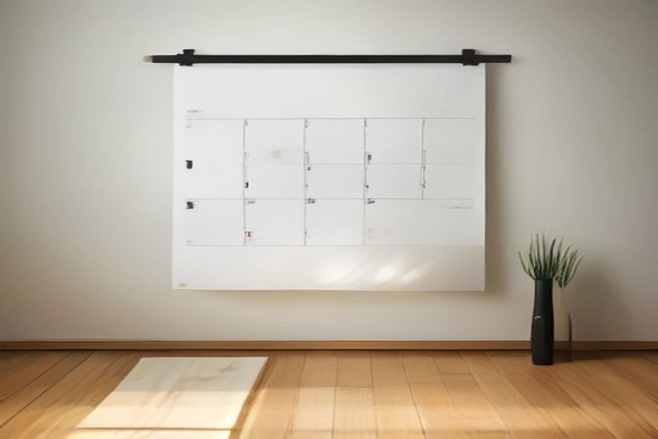 A paper wall calendar with a few circled days beside a rolled yoga mat, warm morning light