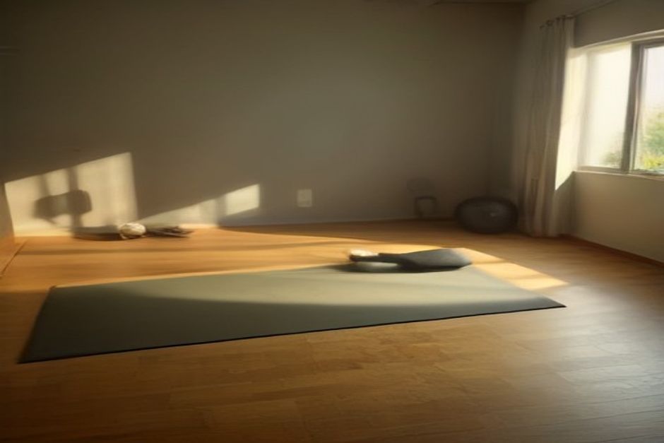 A yoga mat beside a pair of dumbbells and a kettlebell on a wooden floor, soft morning light