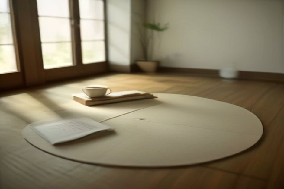 A circle of yoga mats with notebooks and tea cups in a bright, quiet studio before a training session