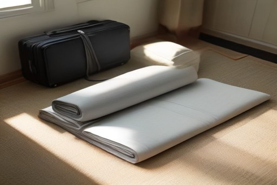A thin folded travel yoga mat beside an open suitcase on a hotel room floor in warm afternoon light