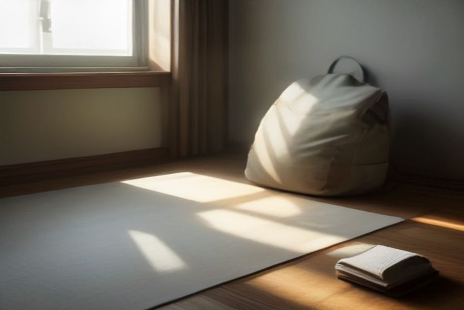 Yoga mat unrolled beside a window in a sparse hotel room, morning light, a small backpack nearby