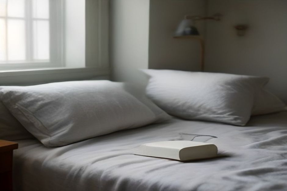 A cozy bed with rumpled linen sheets, a mug of tea and tissues on a wooden nightstand, soft grey morning light