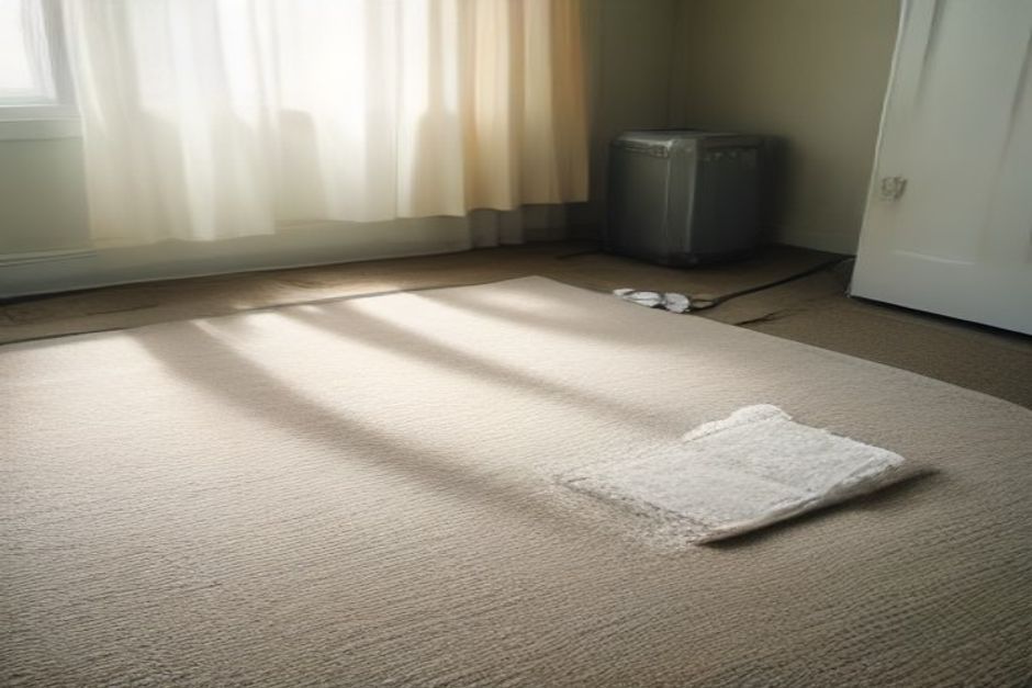 A yoga towel laid out on a hotel room carpet beside a suitcase, soft daylight through curtains