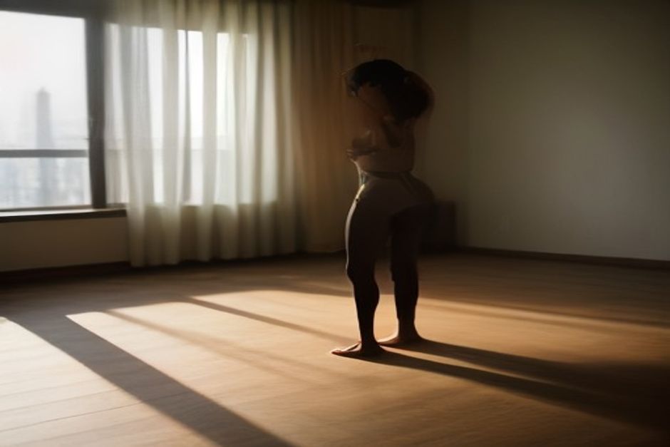 A person in a standing yoga pose on a wooden hotel room floor, morning light through curtains, no mat