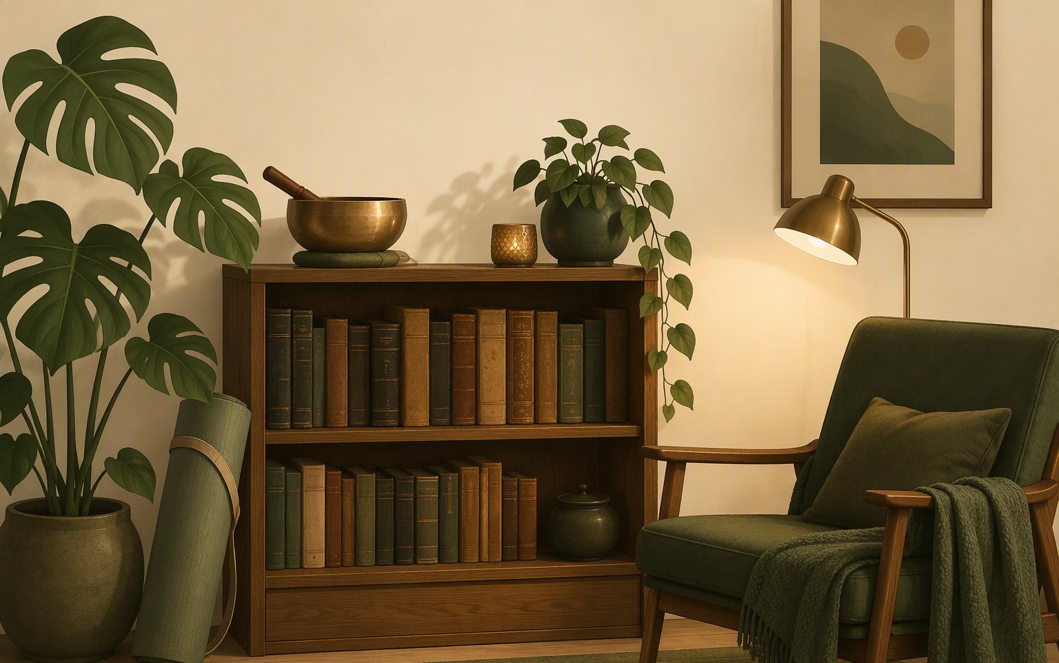 A cozy shelf with yoga books and a singing bowl